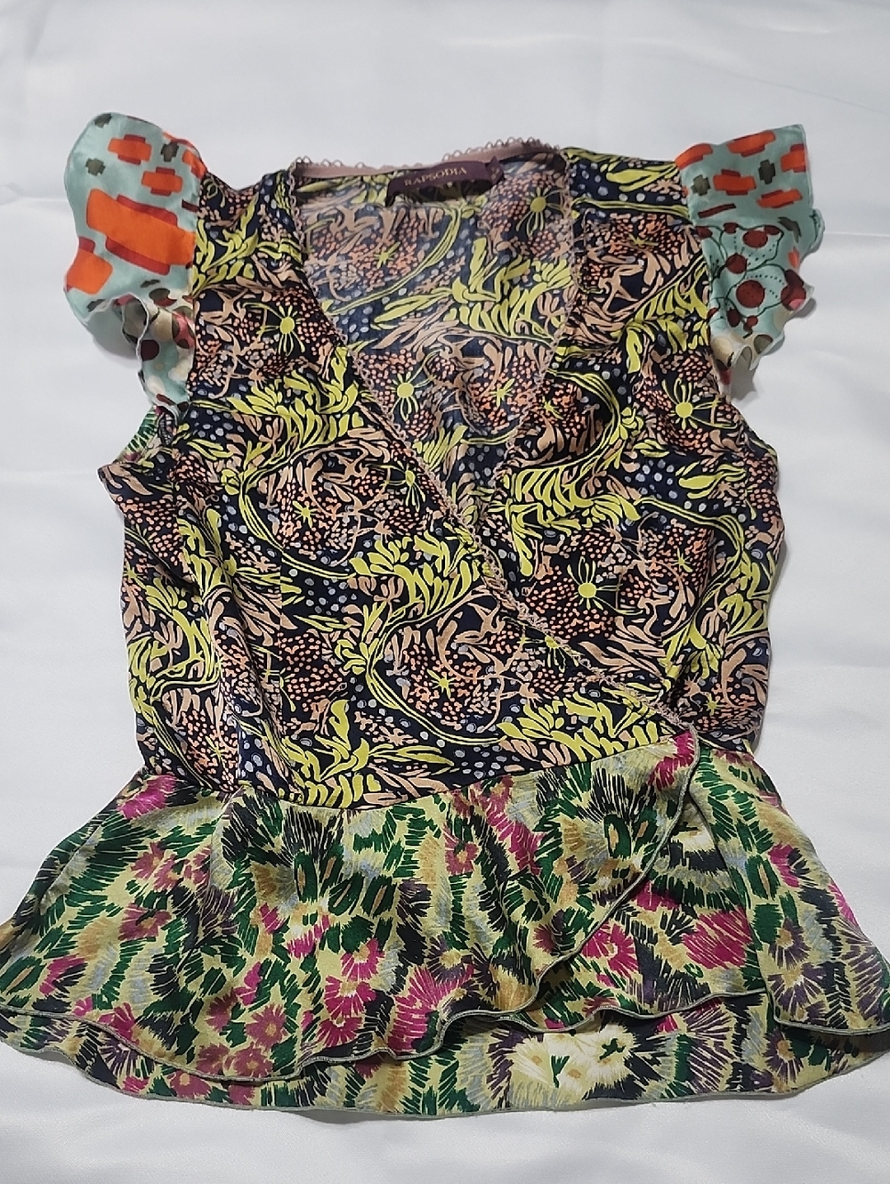 Anthropologie Green Multi-Print Ruffle Cap-Sleeve Blouse